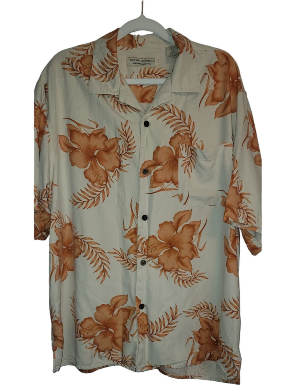 ISLAND REPUBLIC 100% Silk Tropical Print Short Sleeve Button-down Shirt Size L